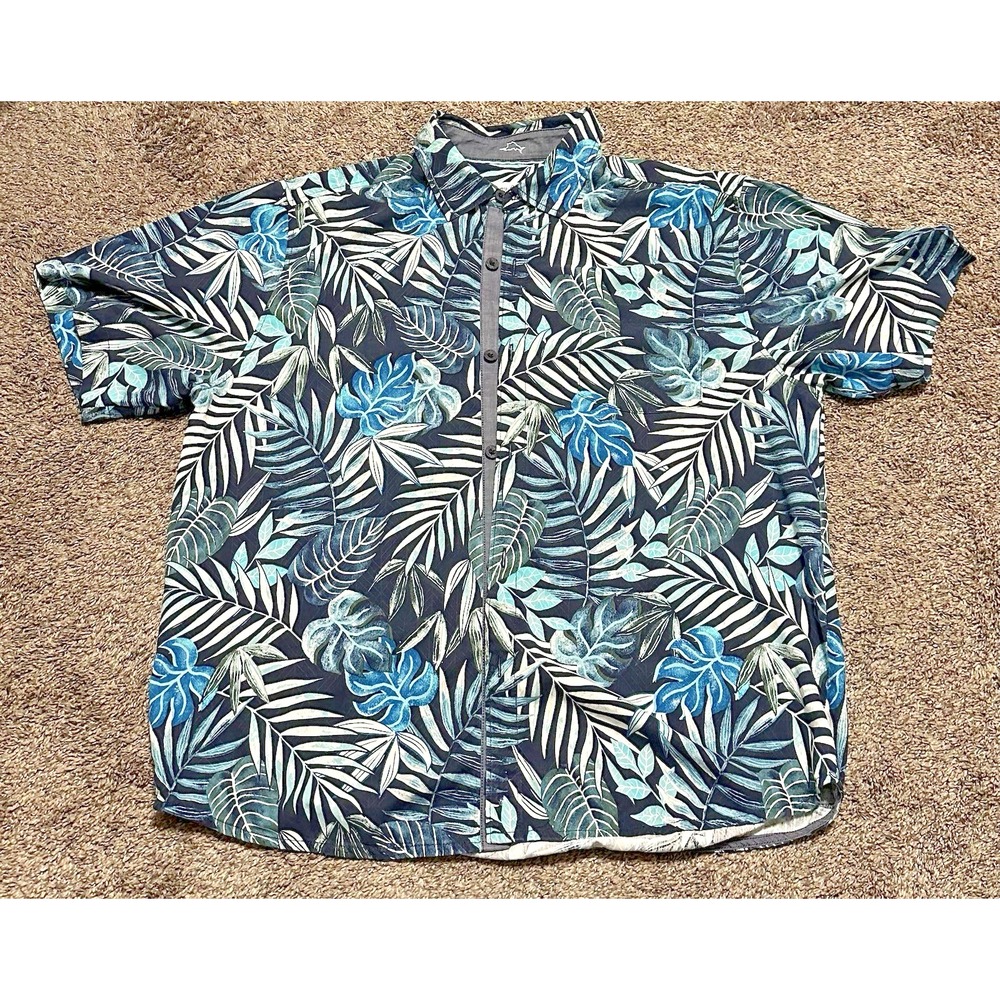 Tommy Bahama Shirt Men's L Short Sleeve 100% Silk Beautiful Floral Black Blue